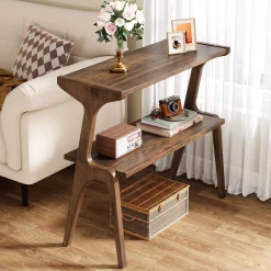 Solid Wood End Table, 2-Tier Sofa Side Table with Storage Shelf