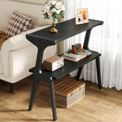 Solid Wood End Table, 2-Tier Sofa Side Table with Storage Shelf