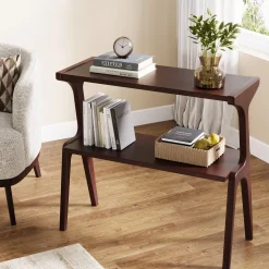 Solid Wood End Table, 2-Tier Sofa Side Table with Storage Shelf