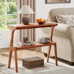 Solid Wood End Table, 2-Tier Sofa Side Table with Storage Shelf