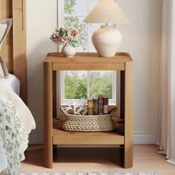 Solid Wood End Table, 2-Tier Side Table with Rounded Edges for Living Room