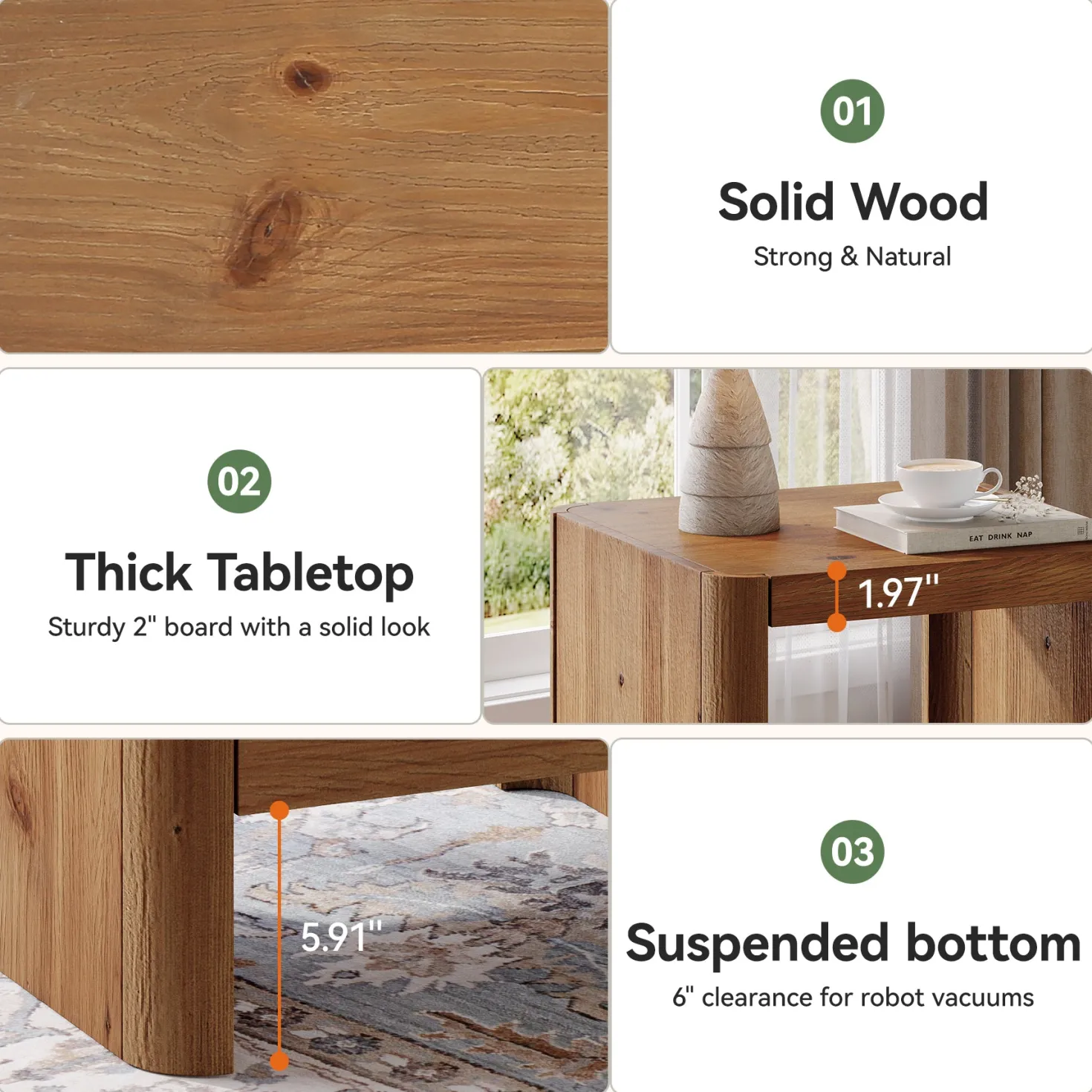 Solid Wood End Table, 2-Tier Side Table with Rounded Edges for Living Room