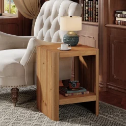 Solid Wood End Table, 2-Tier Side Table with Rounded Edges for Living Room