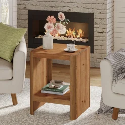 Solid Wood End Table, 2-Tier Side Table with Rounded Edges for Living Room