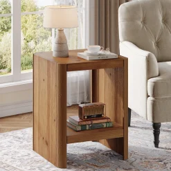 Solid Wood End Table, 2-Tier Side Table with Rounded Edges for Living Room