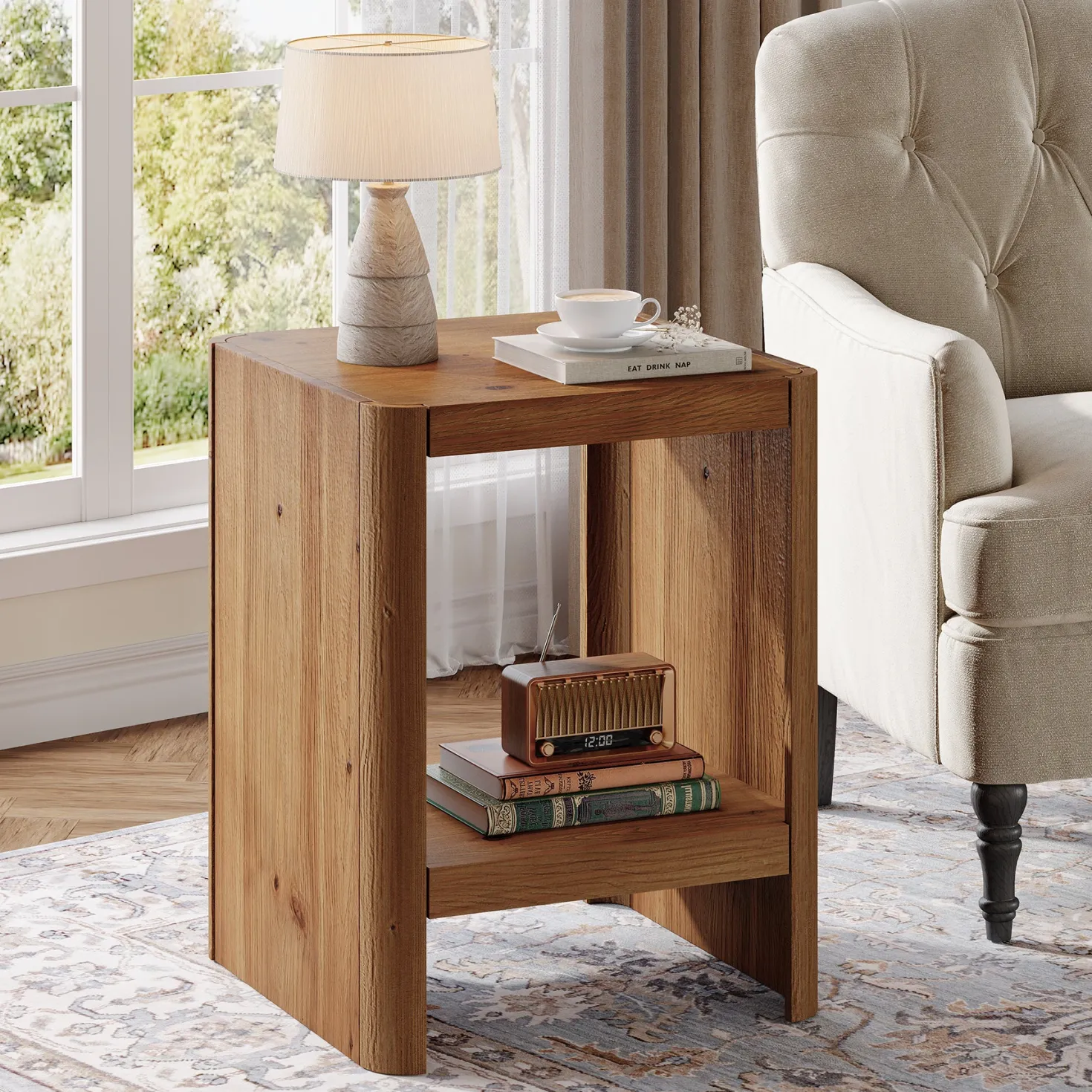 Solid Wood End Table, 2-Tier Side Table with Rounded Edges for Living Room