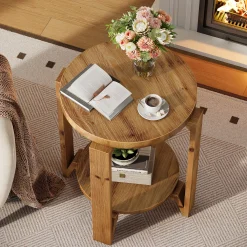 Solid Wood End Table, 2-Tier Round Sofa Side Table Nightstand with Storage