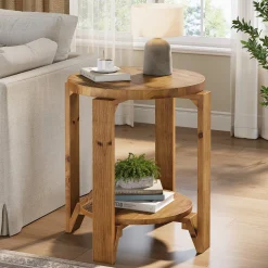 Solid Wood End Table, 2-Tier Round Sofa Side Table Nightstand with Storage