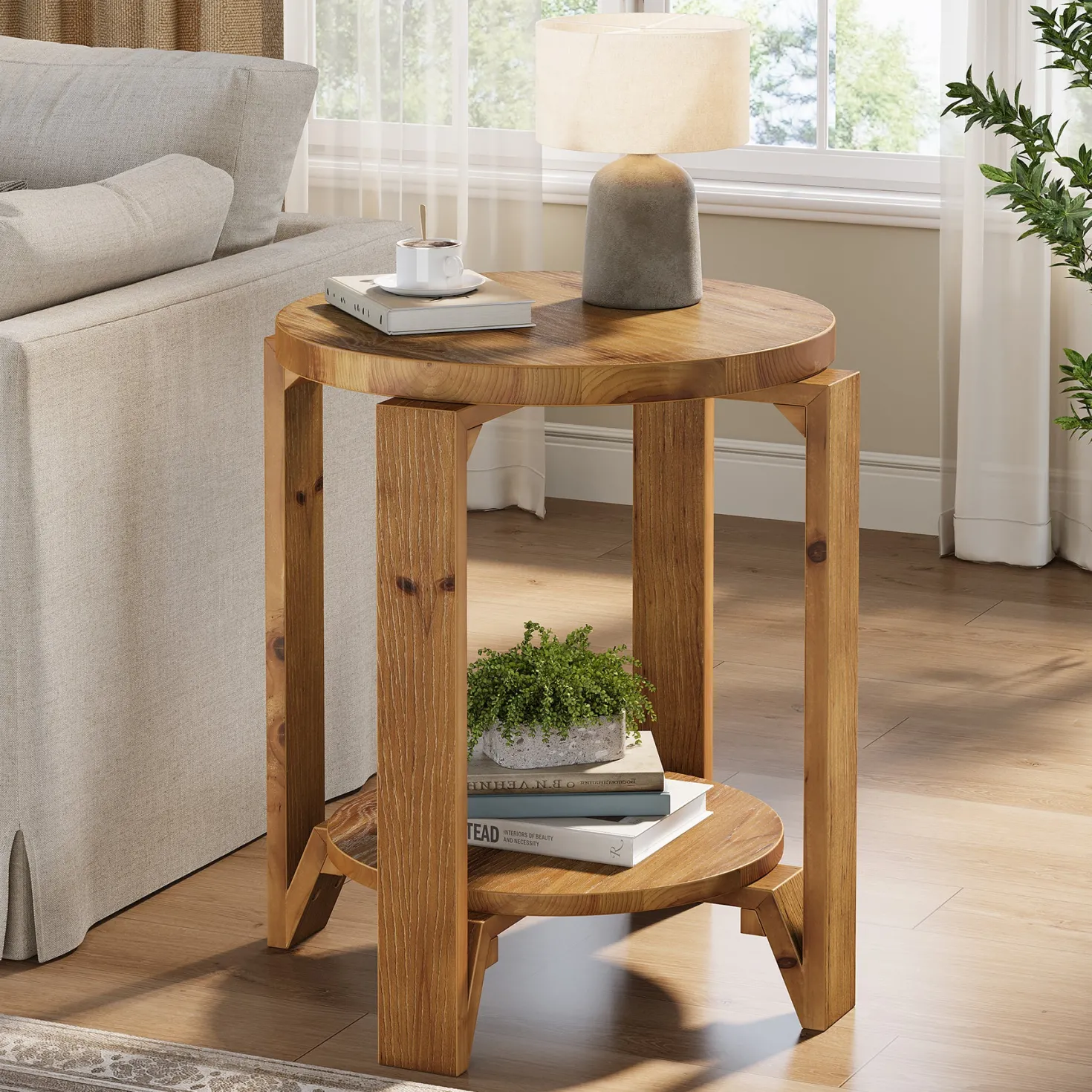 Solid Wood End Table, 2-Tier Round Sofa Side Table Nightstand with Storage