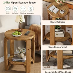 Solid Wood End Table, 2-Tier Round Sofa Side Table Nightstand with Storage