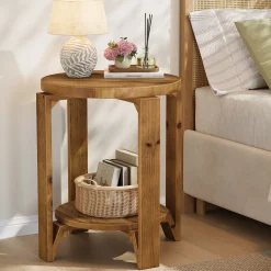 Solid Wood End Table, 2-Tier Round Sofa Side Table Nightstand with Storage