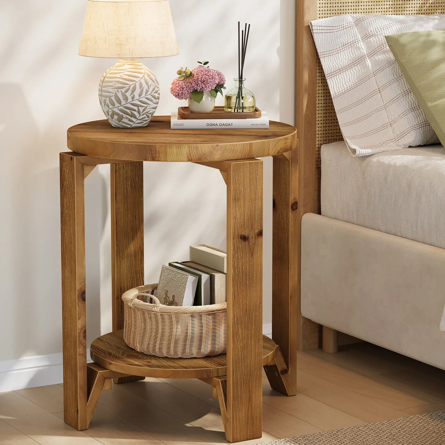 Solid Wood End Table, 2-Tier Round Sofa Side Table Nightstand with Storage