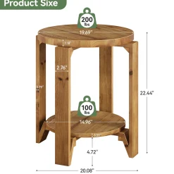 Solid Wood End Table, 2-Tier Round Sofa Side Table Nightstand with Storage
