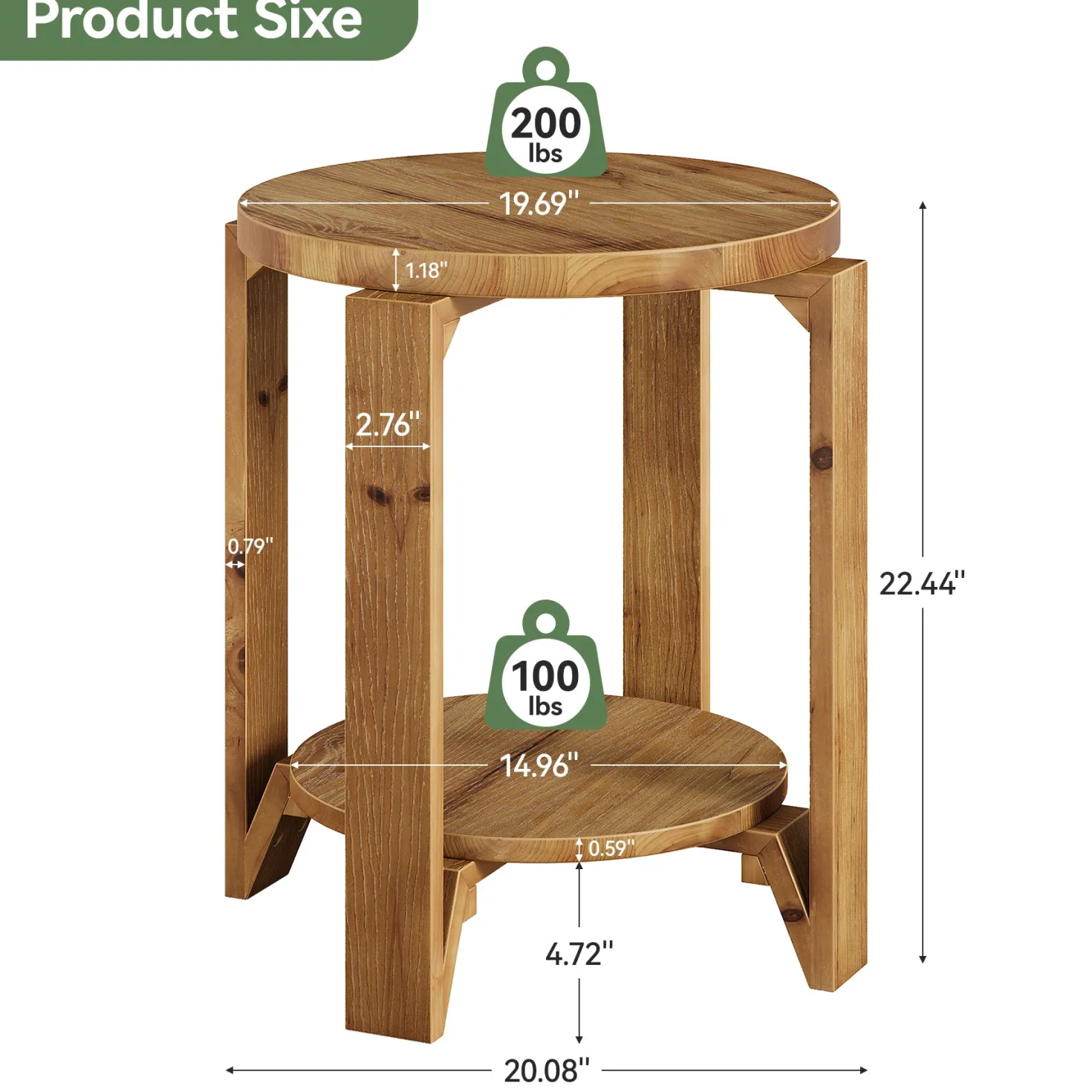 Solid Wood End Table, 2-Tier Round Sofa Side Table Nightstand with Storage