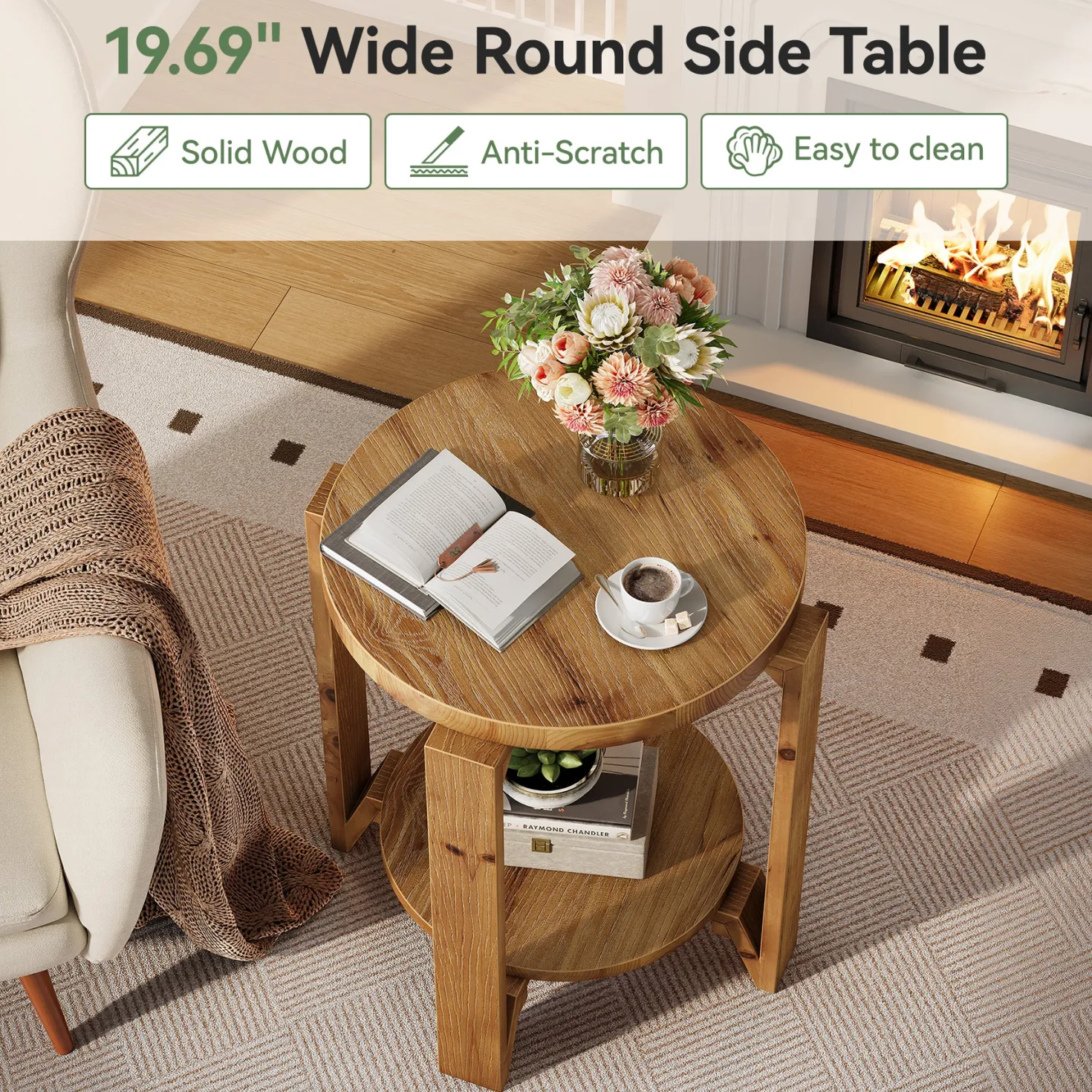 Solid Wood End Table, 2-Tier Round Sofa Side Table Nightstand with Storage