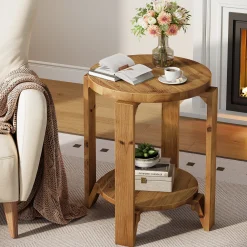 Solid Wood End Table, 2-Tier Round Sofa Side Table Nightstand with Storage
