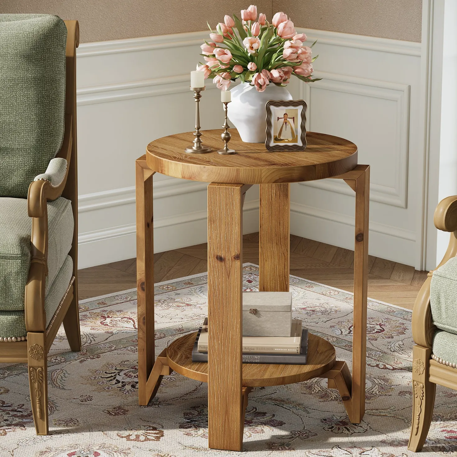 Solid Wood End Table, 2-Tier Round Sofa Side Table Nightstand with Storage
