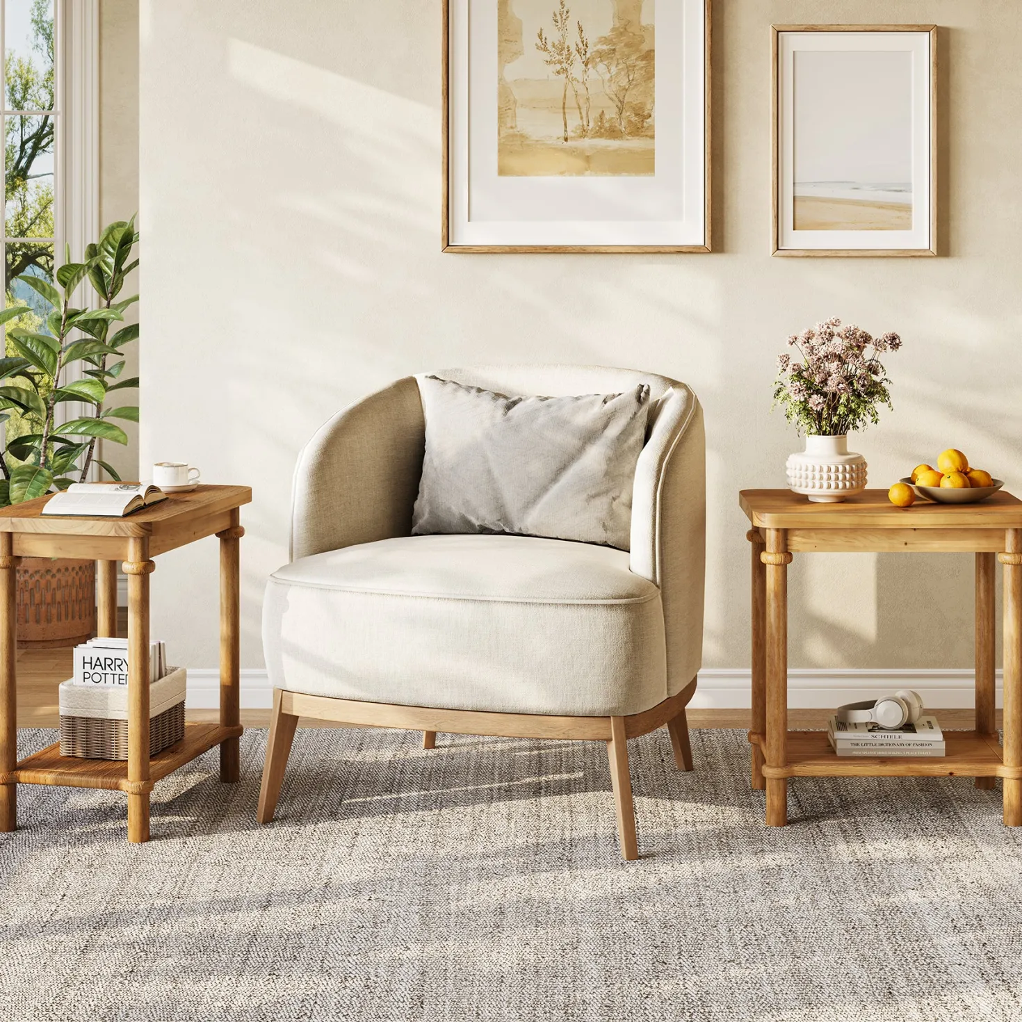 Solid Wood End Table, 2-Tier Oval Side Table with Storage Shelves