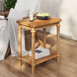 Solid Wood End Table, 2-Tier Oval Side Table with Storage Shelves
