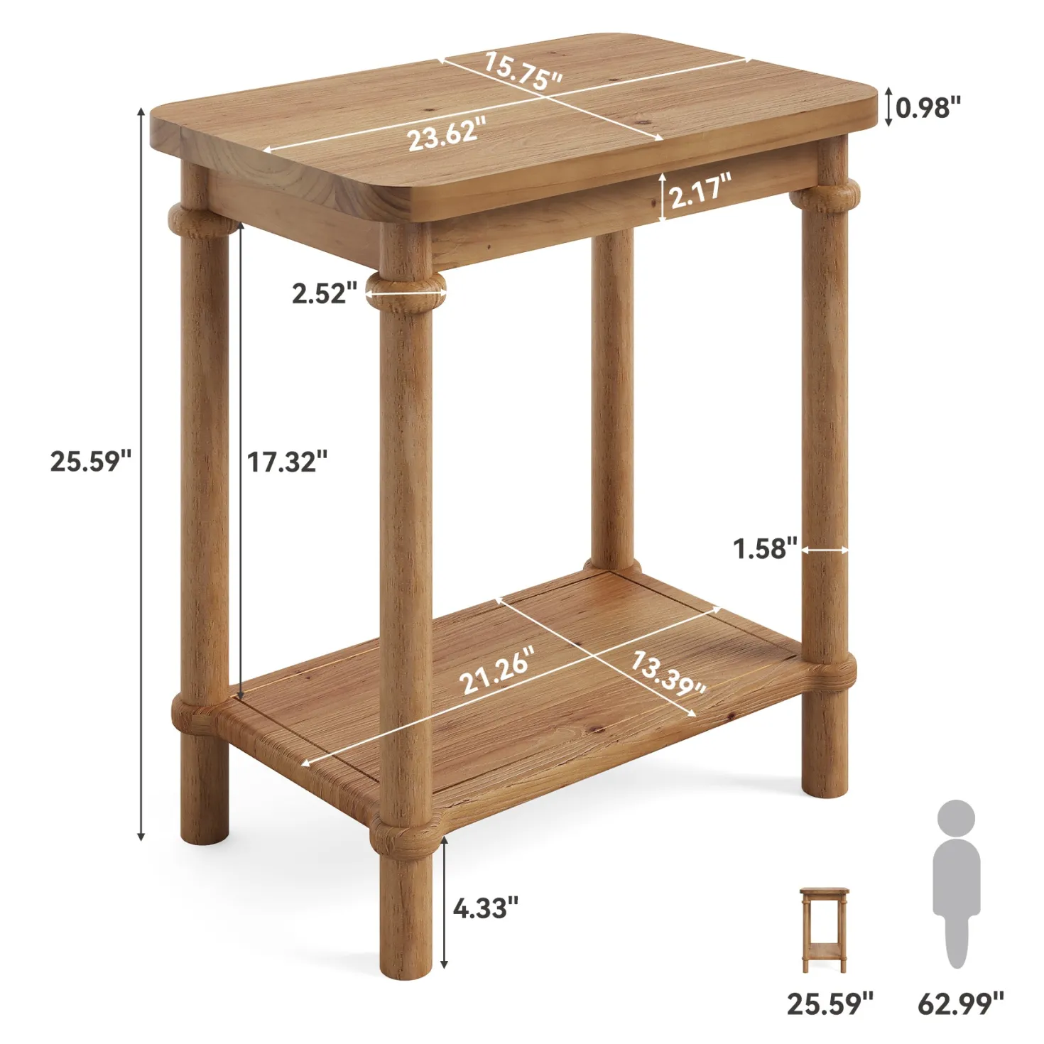 Solid Wood End Table, 2-Tier Oval Side Table with Storage Shelves