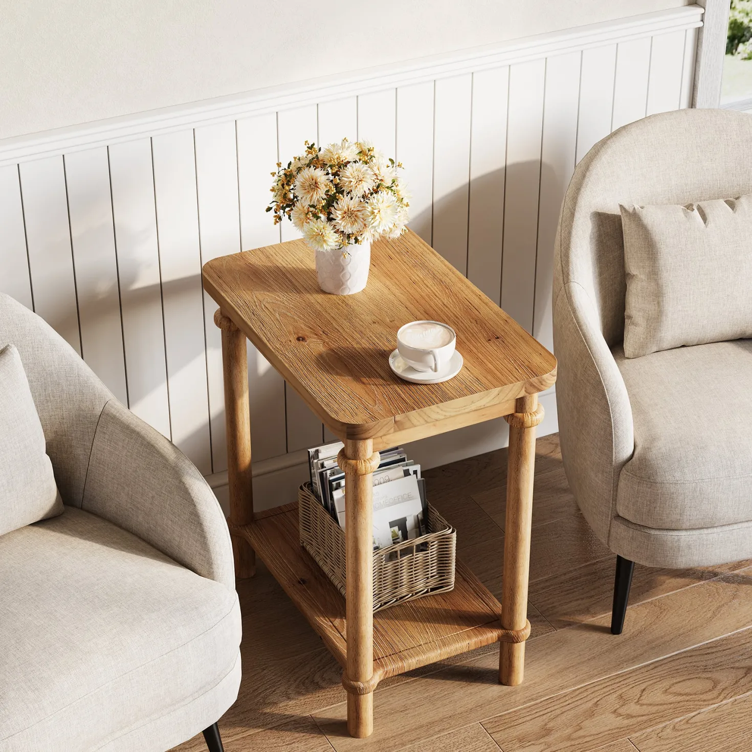 Solid Wood End Table, 2-Tier Oval Side Table with Storage Shelves