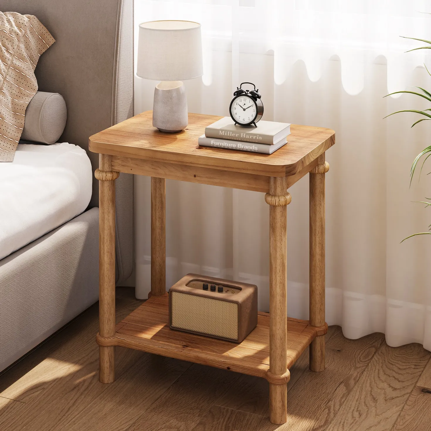 Solid Wood End Table, 2-Tier Oval Side Table with Storage Shelves