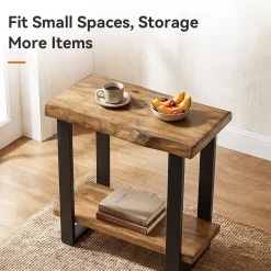 Solid Wood End Table, 2-Tier Side Table Nightstand with Iron Frame