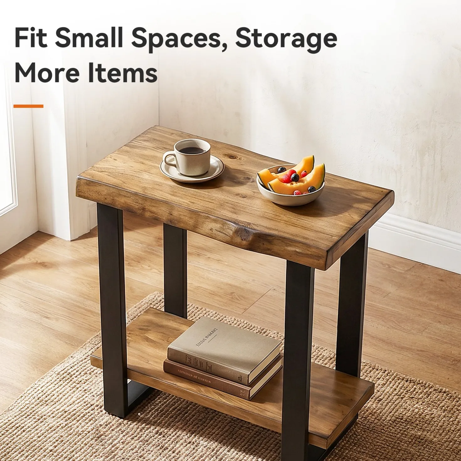 Solid Wood End Table, 2-Tier Side Table Nightstand with Iron Frame