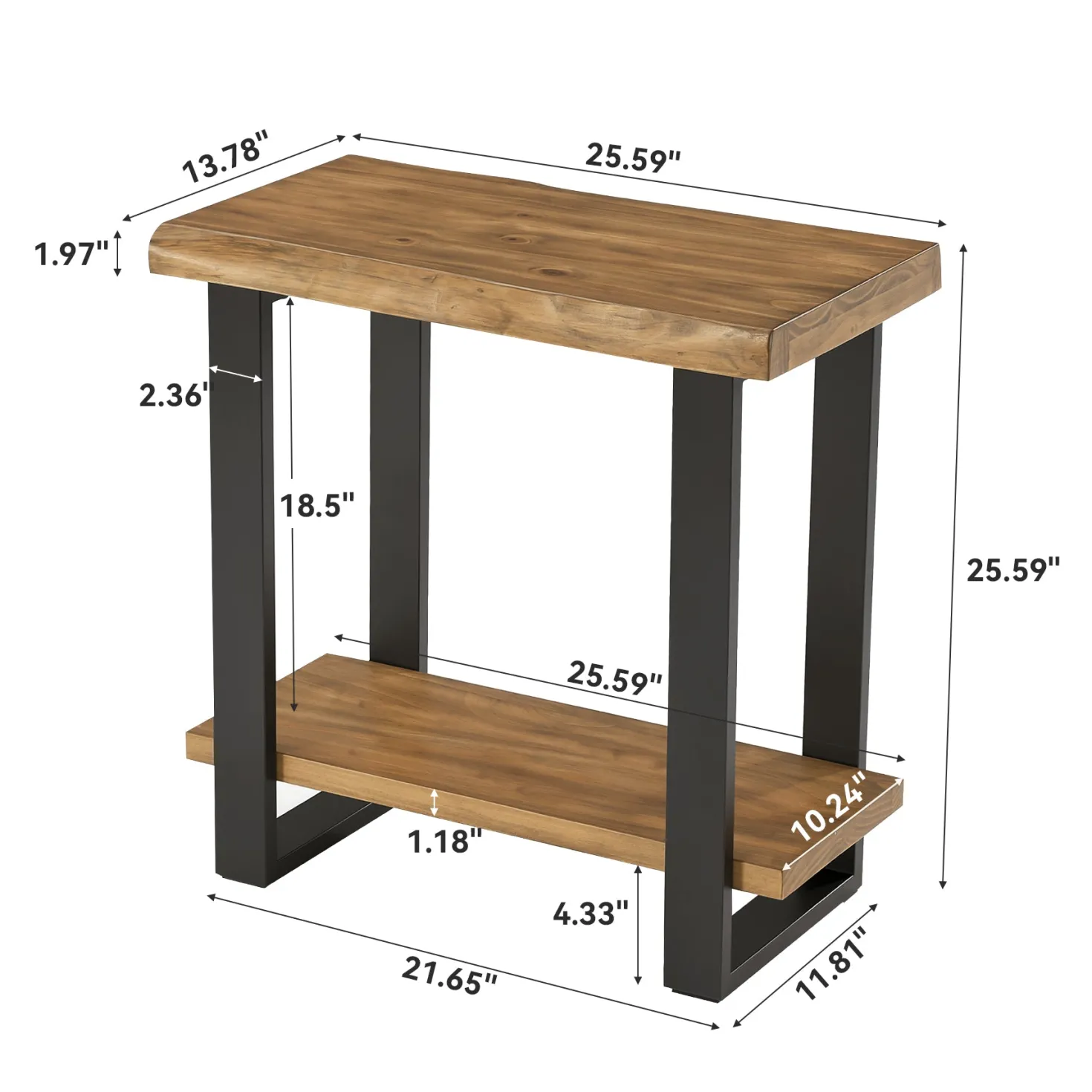 Solid Wood End Table, 2-Tier Side Table Nightstand with Iron Frame