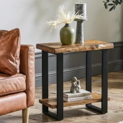Solid Wood End Table, 2-Tier Side Table Nightstand with Iron Frame