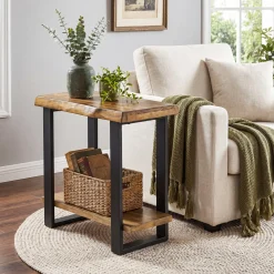 Solid Wood End Table, 2-Tier Side Table Nightstand with Iron Frame