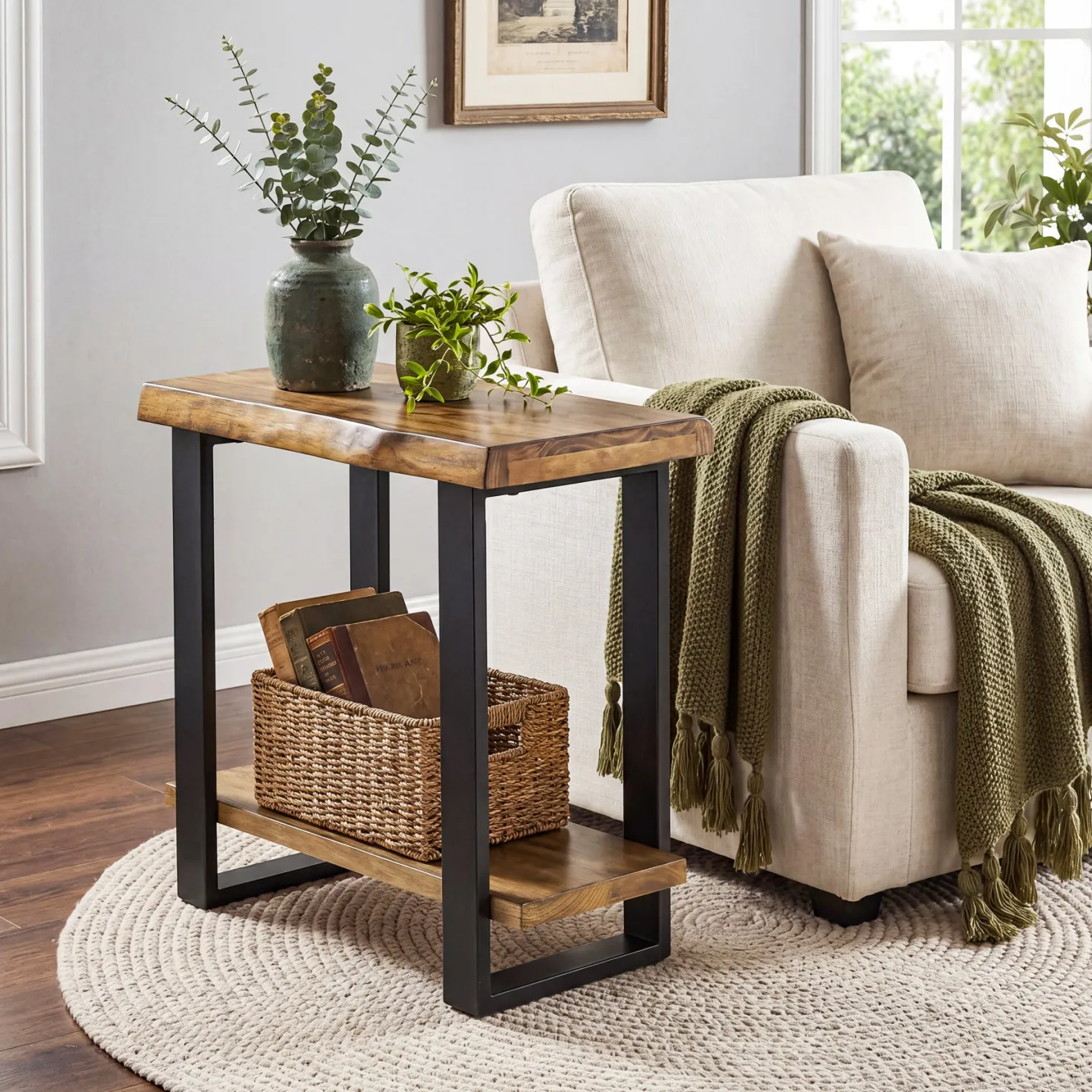 Solid Wood End Table, 2-Tier Side Table Nightstand with Iron Frame