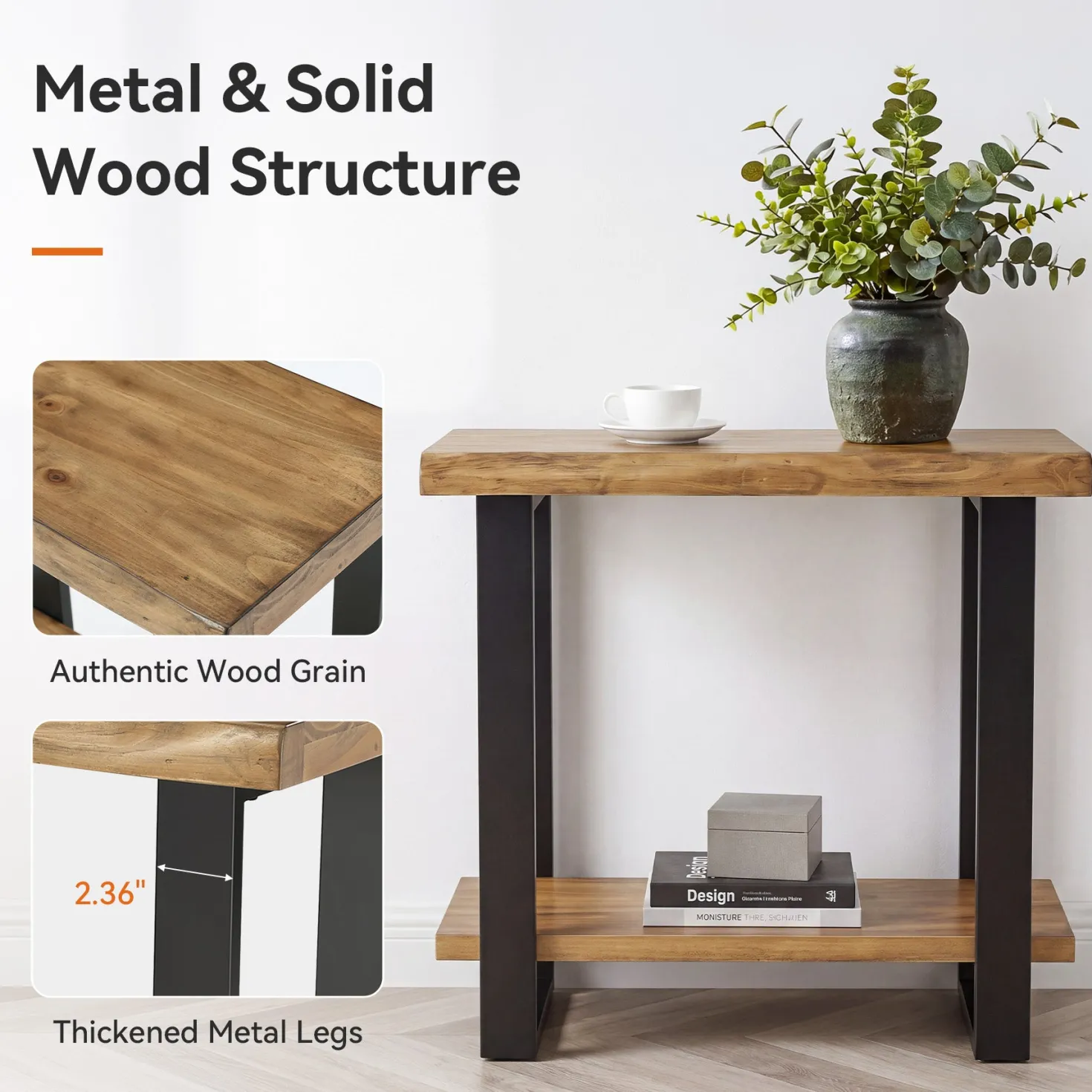 Solid Wood End Table, 2-Tier Side Table Nightstand with Iron Frame