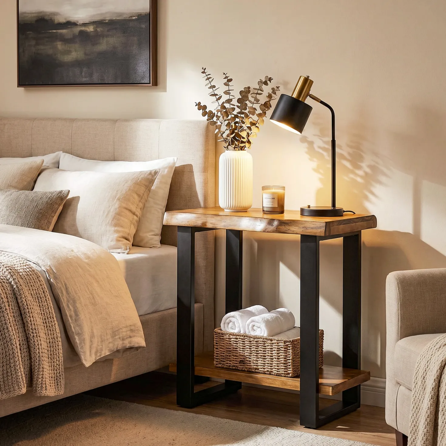 Solid Wood End Table, 2-Tier Side Table Nightstand with Iron Frame
