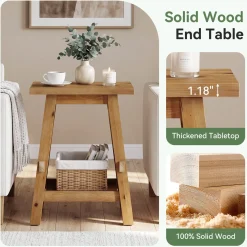 Solid Wood End Table with Storage Shelf, Farmhouse Square Side Table for Small Spaces