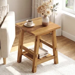 Solid Wood End Table with Storage Shelf, Farmhouse Square Side Table for Small Spaces