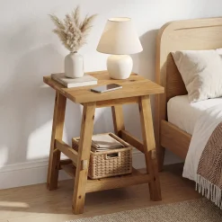 Solid Wood End Table with Storage Shelf, Farmhouse Square Side Table for Small Spaces