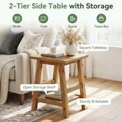 Solid Wood End Table with Storage Shelf, Farmhouse Square Side Table for Small Spaces