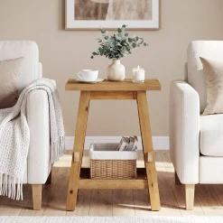 Solid Wood End Table with Storage Shelf, Farmhouse Square Side Table for Small Spaces
