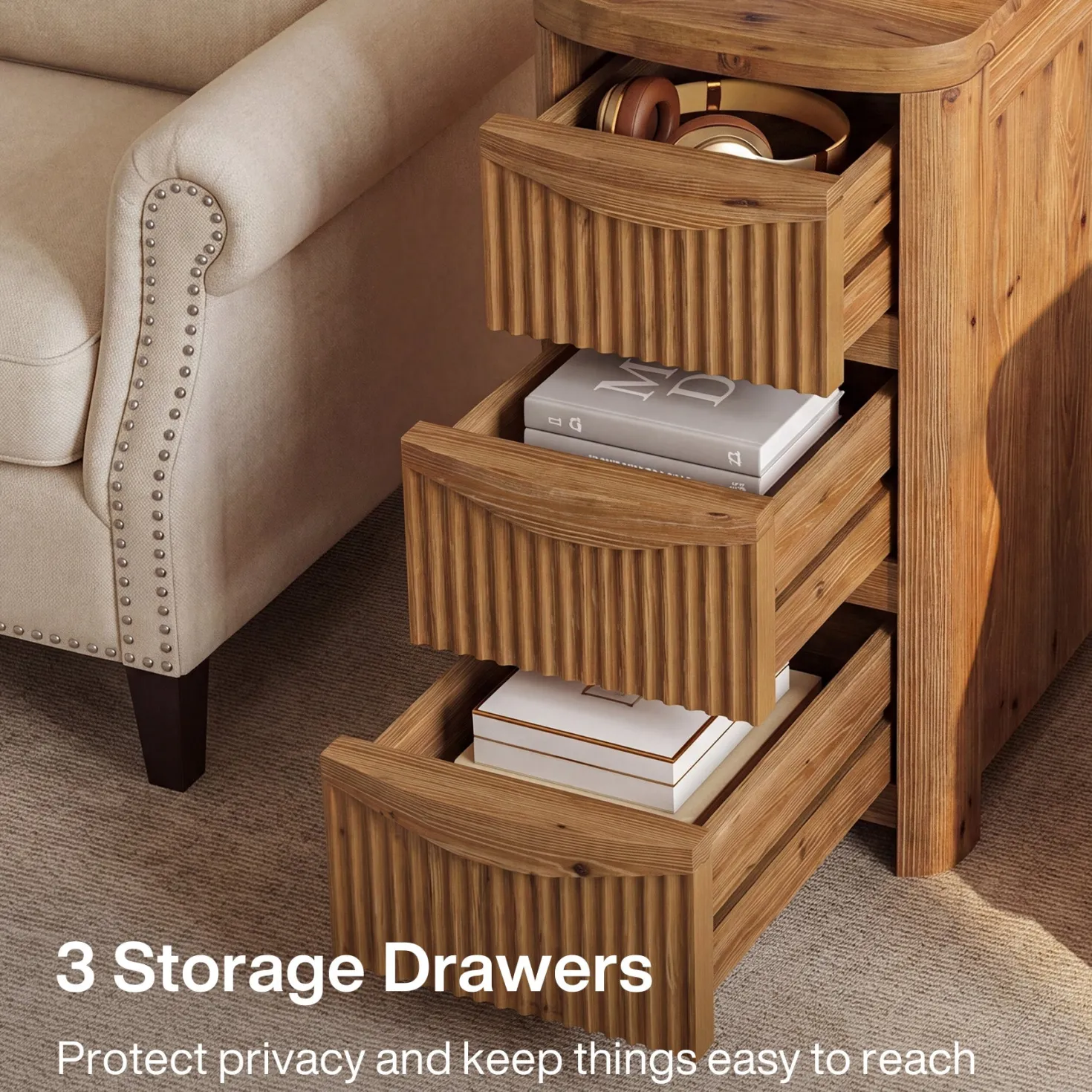 Solid Wood End Table with 3 Drawers, 24" Farmhouse Side Table for Small Spaces