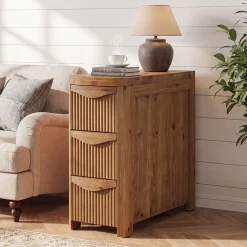 Solid Wood End Table with 3 Drawers, 24" Farmhouse Side Table for Small Spaces