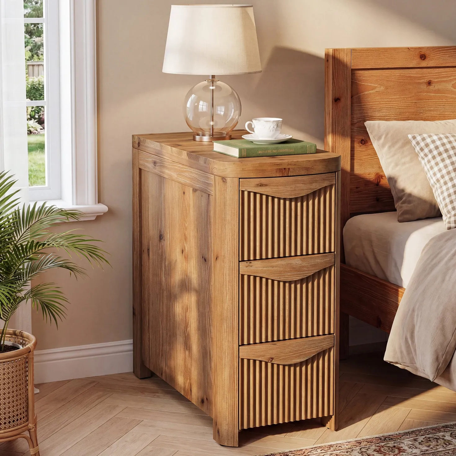 Solid Wood End Table with 3 Drawers, 24" Farmhouse Side Table for Small Spaces