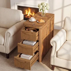 Solid Wood End Table with 3 Drawers, 24