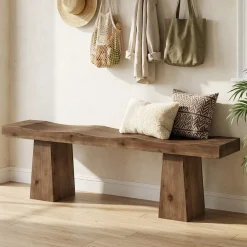 Solid Wood Entryway Bench, 59" End of Bed Bench with Wavy Edges Design