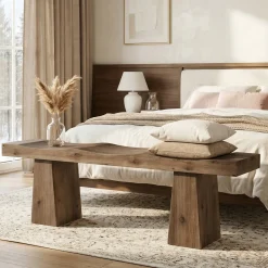 Solid Wood Entryway Bench, 59" End of Bed Bench with Wavy Edges Design