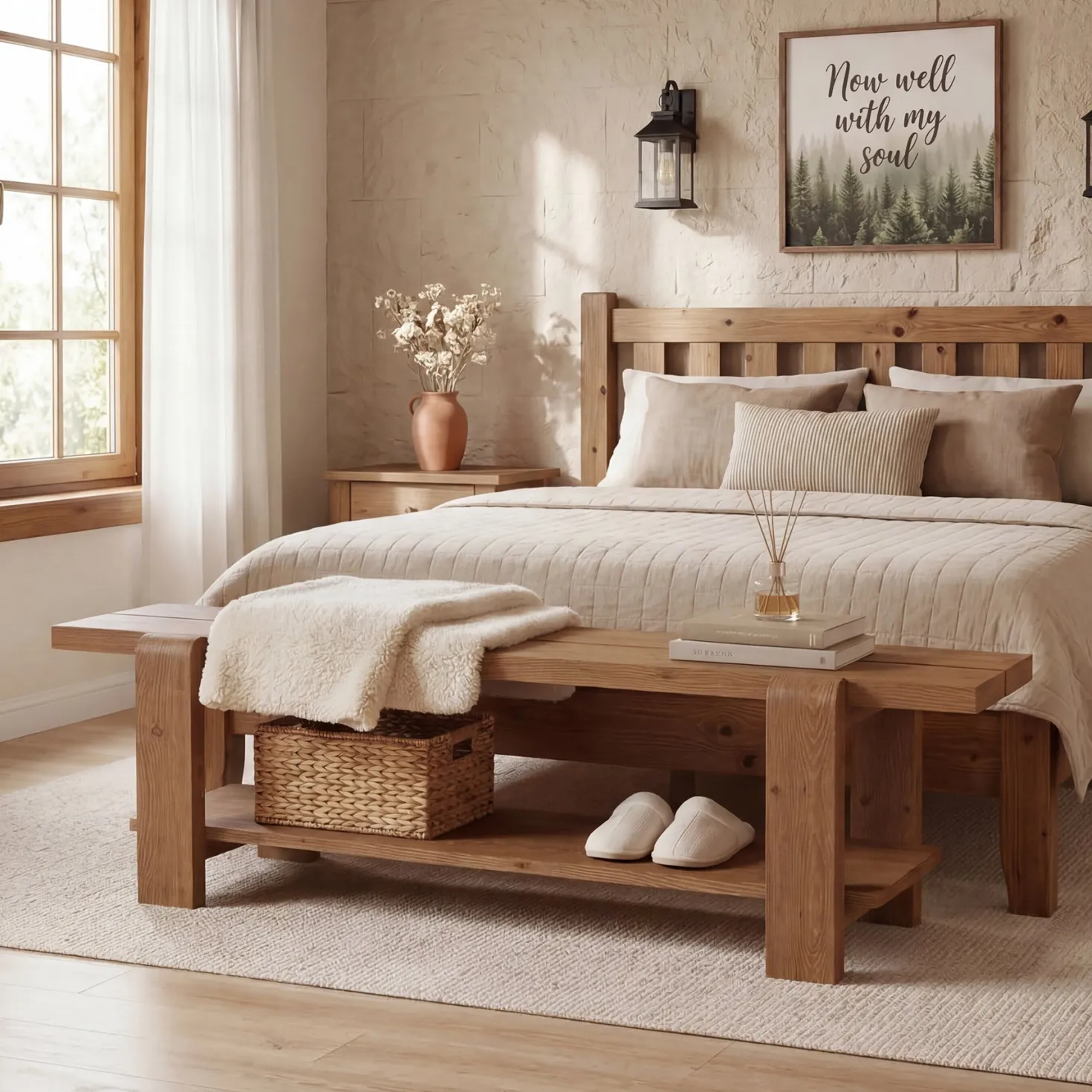 Solid Wood Entryway Bench, 63" End of Bed Bench with Shoe Storage Shelf