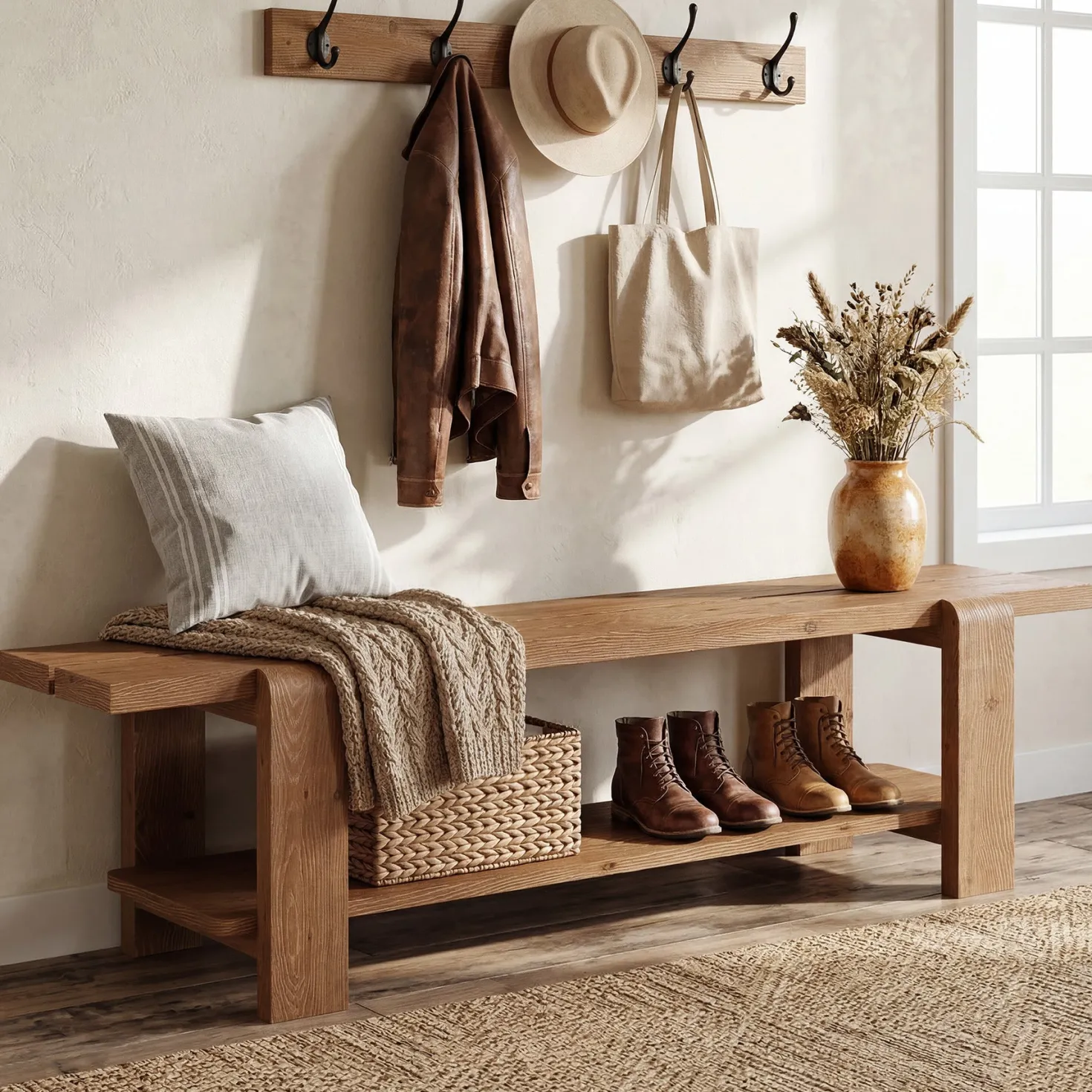 Solid Wood Entryway Bench, 63" End of Bed Bench with Shoe Storage Shelf