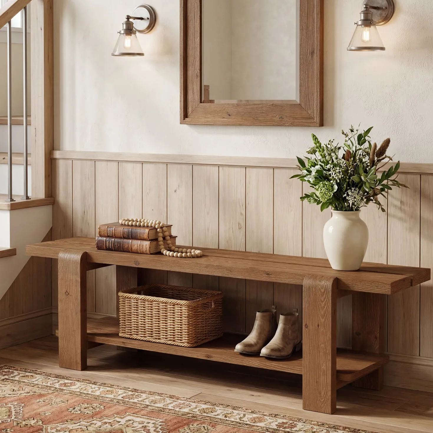 Solid Wood Entryway Bench, 63" End of Bed Bench with Shoe Storage Shelf