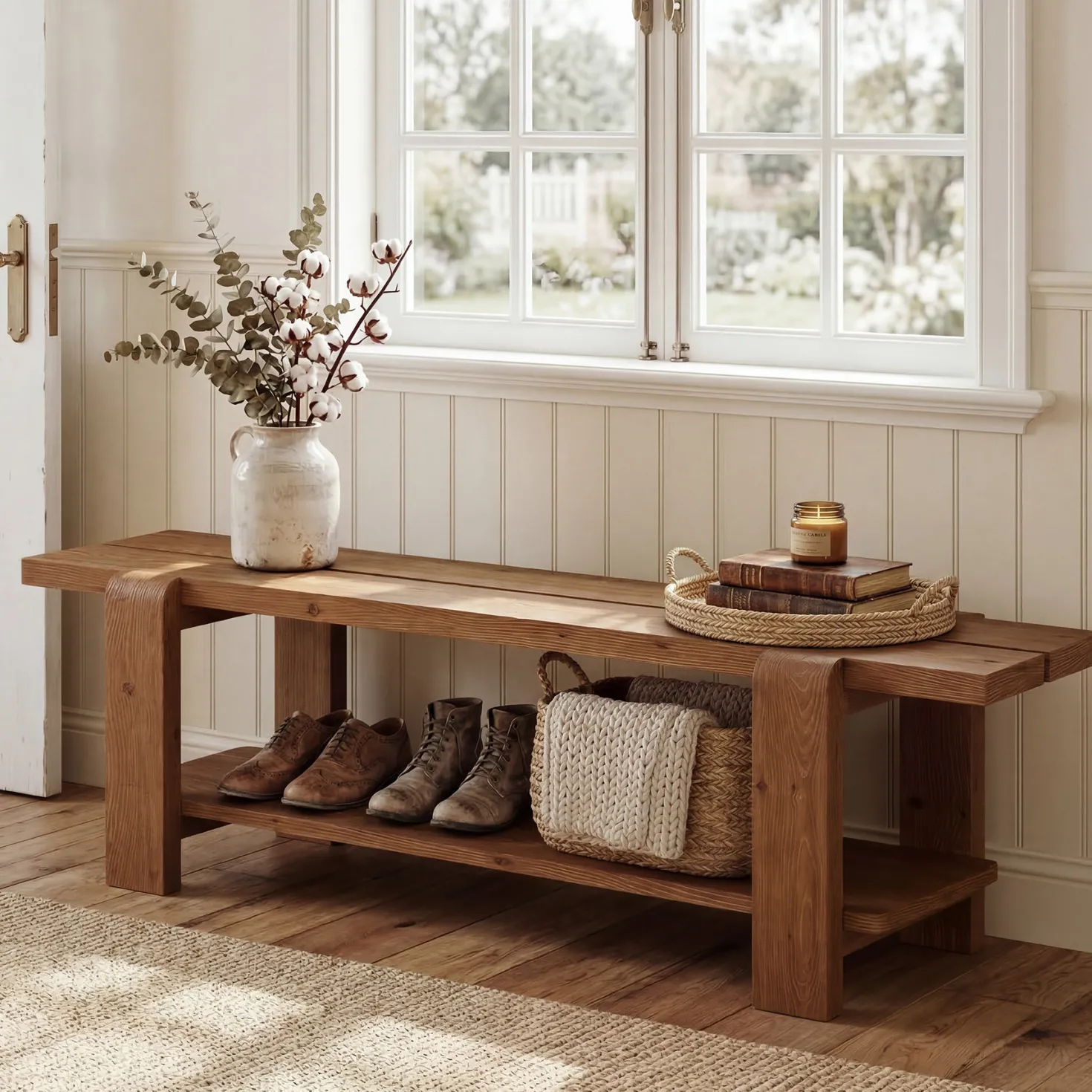 Solid Wood Entryway Bench, 63" End of Bed Bench with Shoe Storage Shelf