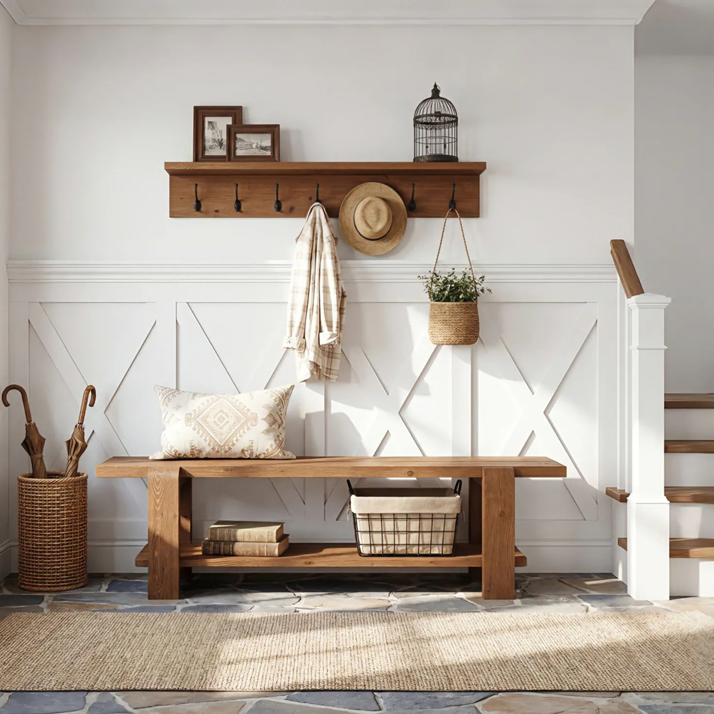 Solid Wood Entryway Bench, 63" End of Bed Bench with Shoe Storage Shelf